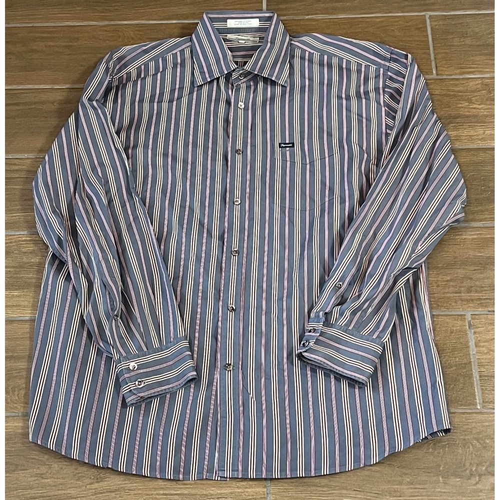 Faconnable Mens XL Long Sleeve Button Down Shirt Striped Blue Red 100% Cotton